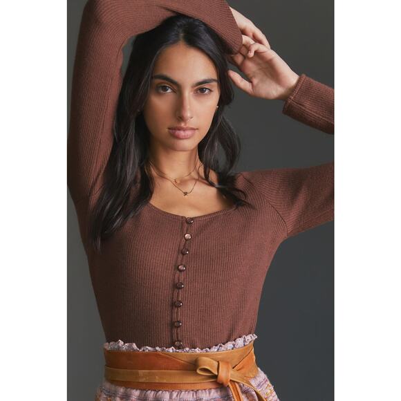 NEW Anthropologie Pilcro Square Neck Cropped Brown Cardigan - Medium - Picture 1 of 7